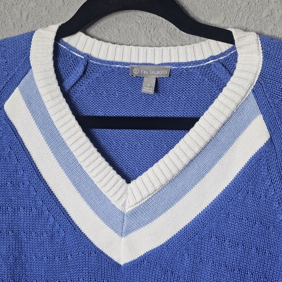 T by Talbots‎ Petite Womens PP Blue Sweater White V Neck Tennis Preppy Resort - Picture 5 of 10